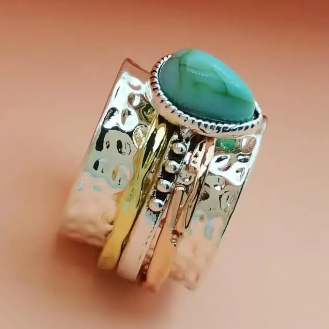 LRGKMCWTOB Vintage Sterling Silver Turquoise Ring for Women, Bohemian Style Handmade Dainty Ethnic Healing Stone Ring, Tribal Totem Cut Natural Turquoise Bridal Statement Ring Gift Size 7