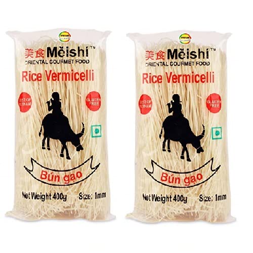 Meishi Gluten Free Rice Vermicelli (1mm) | 400g | Pack of 2 | Firm Texture | Cooks in Minutes