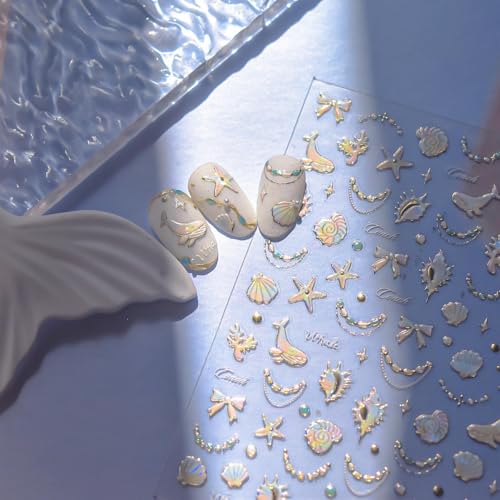 Laser Ocean Nail Stickers Bow Nail Designs 3D Self-Adhesive Dolphin Nails Supplies 5D Embossed Conch Nail Decals Aurora Summer Coral Starfish Nail Art Decoration for Women Girls DIY Manicure 1 Sheet