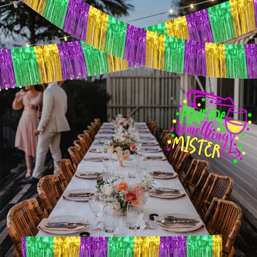 Image of 4 Pack 39 Feet Green Gold Purple Foil Fringe Garland Metallic Tinsel Streamers Banner Fringe Backdrop Banner for Parade Floats Mardi Gras Birthday Party Homecoming Decoration (Green Gold Purple)