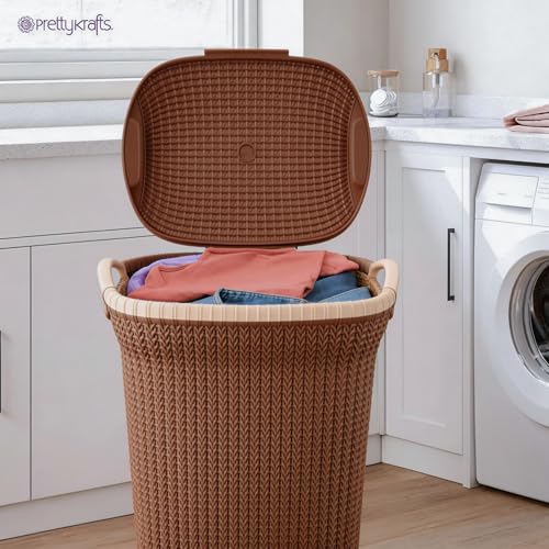 Image of PrettyKrafts Rattan Style 60L Plastic Knit Laundry Basket - Dark Beige, Durable Toy Storage Basket Clothes Storage Organizer for Home & Bathroom, (61x45x35cm)