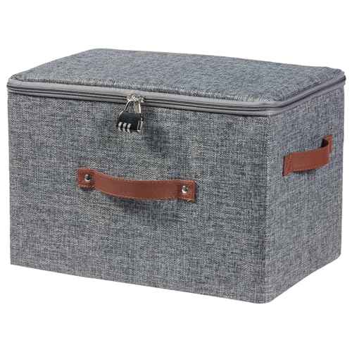 VinneGenzz Storage Bins Boxes with Zipper Lid Combination Lock PU Leather Handles Cotton Linen Fabric Lidded Lockable Baskets Foldable Washable Closet Shelf Organizer Container (Gray, Large)