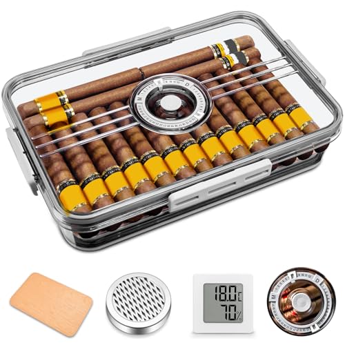 Acrylic Cigar Humidor Tupperdor- Airtight with Spanish Cedar Paper Humidifier & Hygrometer Portable Cigar Humidor Clear Cigars ContainerHold about 20-30 cigars (M)