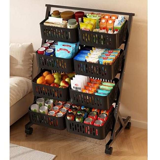 3 4 Tier Snack Display Rack with Wheels, Storage Rolling Organizer Metal Shelf Trolley for Food Fruit Vegetable, Home Theatre Portable Concession Stand (Color : Black, Size : 60x47x119CM)-fs0prdcX