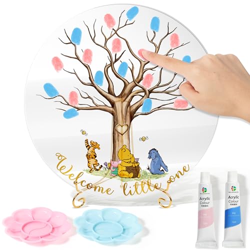 Z1juce Gender Reveal Fingerprint Tree - Winnie Gender Reveal Acrylic Keepsake Fingerprint Tree Guest Book for Baby Shower Ideas Baby Gender Reveal Party with Paints to DIY Meaningful Fingerprint Tree