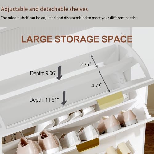 GarveeHome Fluted Shoe Cabinet with 2 Flip Drawers, a Drawer, a Hook, Modern Narrow Shoe Storage, Farmhouse Wooden Shoe Organizer with Metal Legs, Closed Shoe Racks for Entryway, White