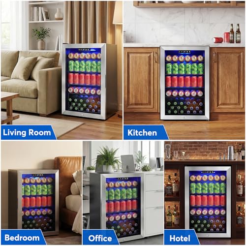 Image of FoMup Beverage Refrigerator 150 Can with Glass Door - Mini Drink Cooler with Reversible Door, Safety Lock & Temperature Control, Small Fridge for Beer Soda Wine, Compact for Dorm Office Hotel