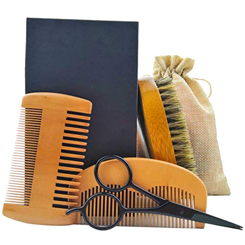 SYBF Beard Comb & Brush Set for Men Care,4-in-1 Beard Grooming Kit,Natural Boar Bristle Brush+Beard Comb+Dual Action Wooden Comb+Stainless Steel Mustache Scissors/Travel Bag,Great for Growth & Sty