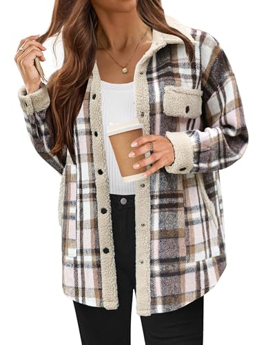 HOTOUCH Flannel Jackets Womens Sherpa Trimmed Shackets Fleece Patchwork Plaid Long Sleeve Button Down Winter Coats S-XXL