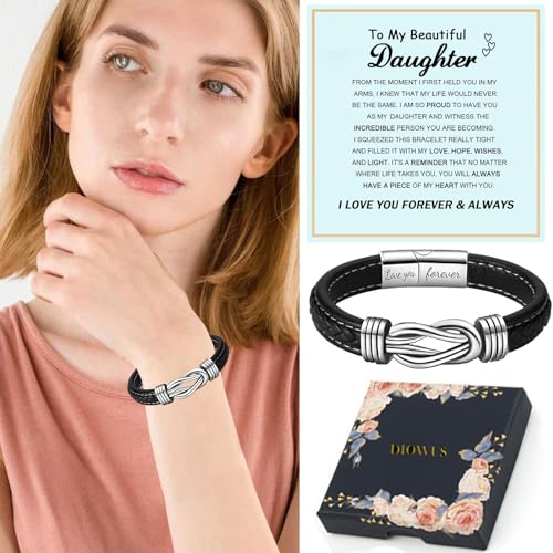 To My Daughter Love You Forever Bracelet, Mother and Daughter Braided Leather Inspirational Wristband Stainless Steel Infinity Knot Engraved Bangle Gift from Mom2