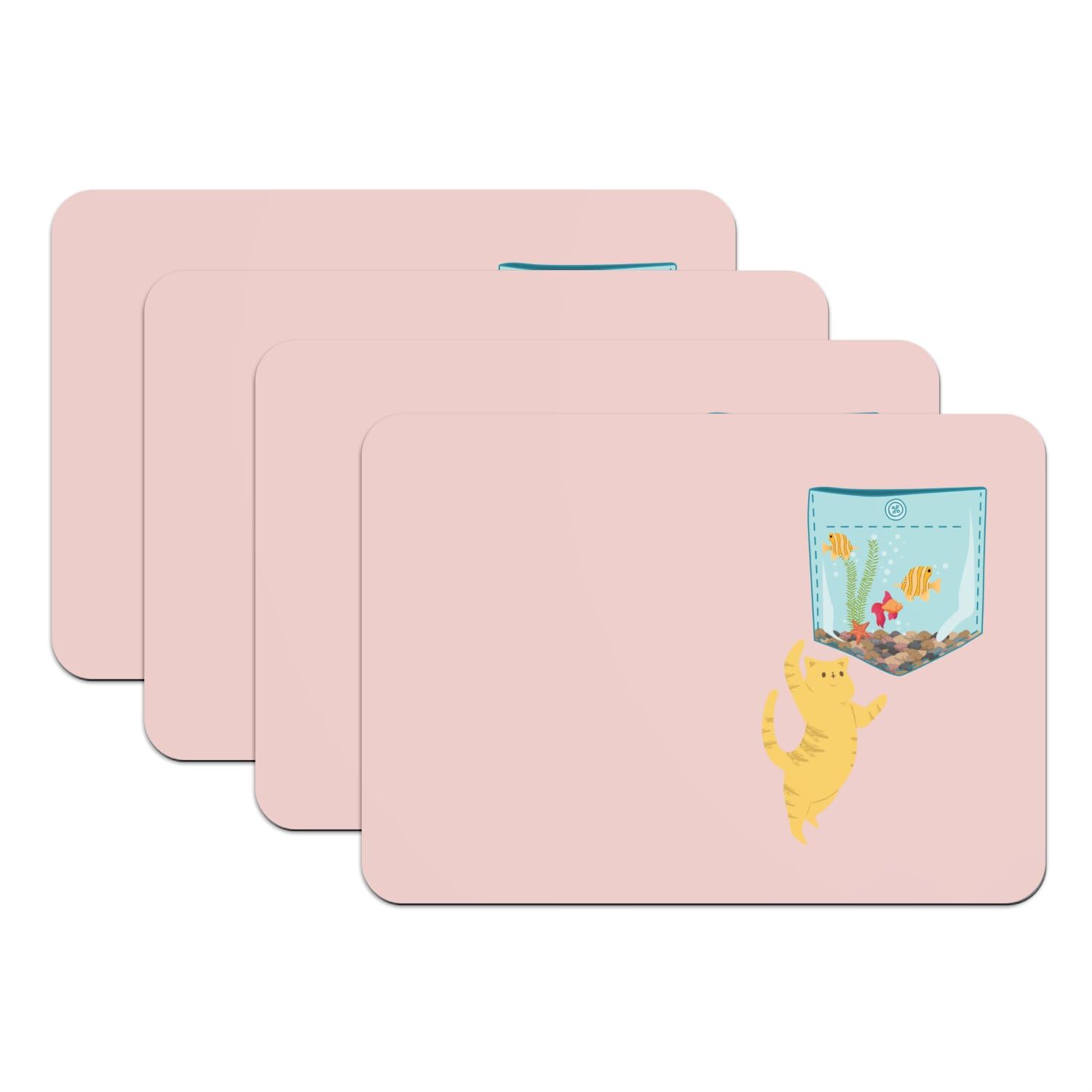 Sets de table chat et poisson en caoutchouc rose 4 pièces 39x28 cm