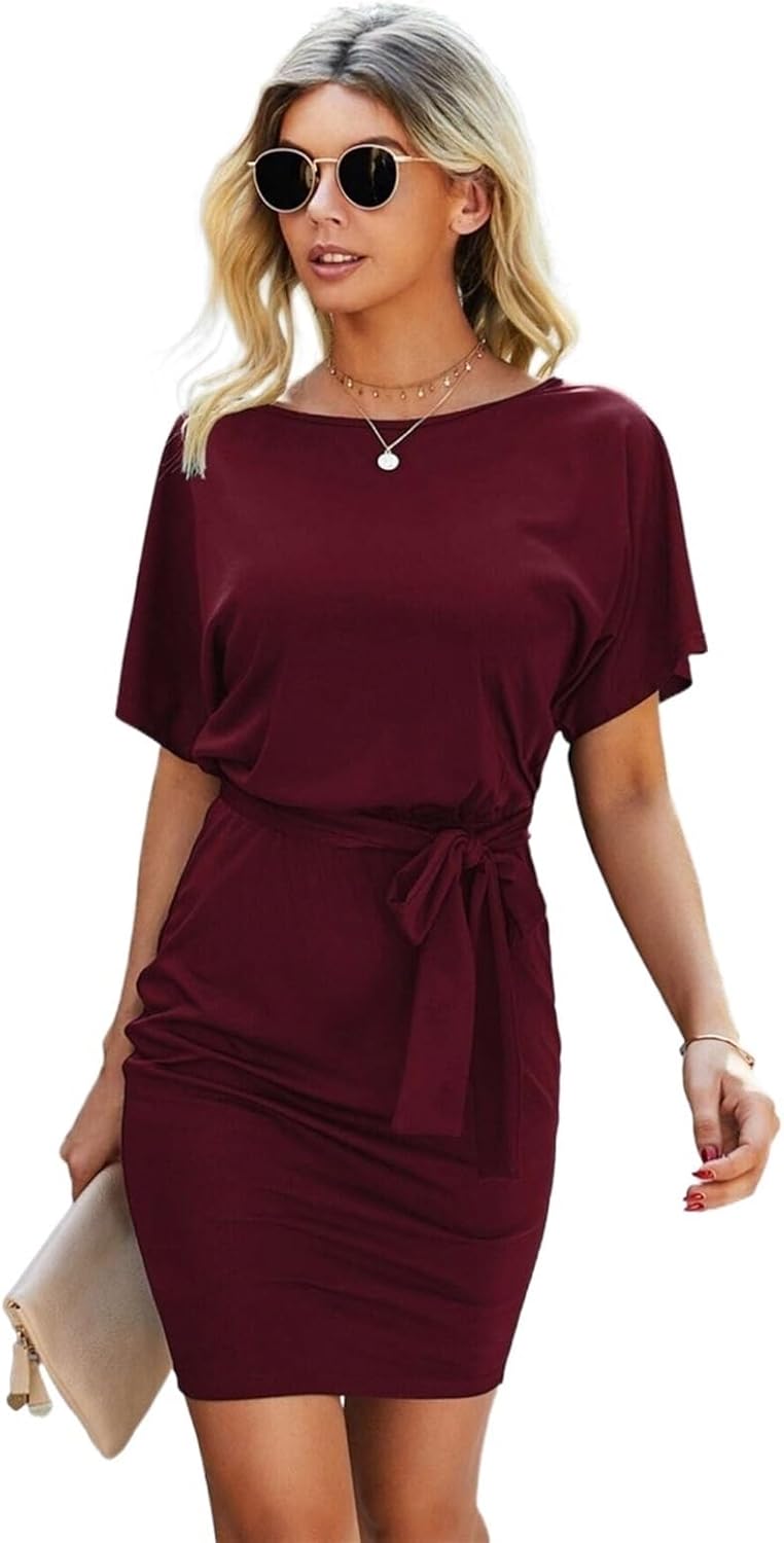 GLIGET Summer Dresses for Women 2023 Solid Short Sleeve Belted Fitted Dress