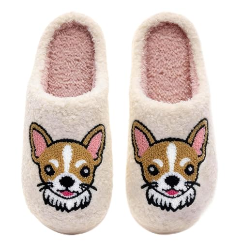 XUILOG Chihuahua Embroidered Fuzzy Slippers for Women White Plush Indoor Slip-On House Slippers Non-Slip Cute Chihuahua Face Embroidered Dog Lover Slippers White 8-9