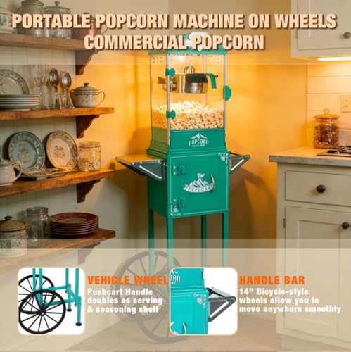 Image of Popcorn Machine with Cart,Wheels & 10 Oz Kettle Popcorn Maker Measuring 3 plastic spoon Home Theater Popcorn Machine-Cyan
