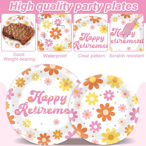 Image of 96Pcs Retirement Party Supplies Happy Retirement Plates and Napkins Colorful Daisy Flower Tableware Set Floral Disposable Dinnerware for Women Goodbye Going Away Farewell Party Decorations 24 Guests