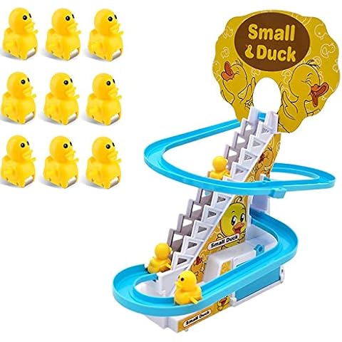 Electric Duck Climbing Stairs Toys - with 9 Duck Toys & Race Track LED Flashing Lights & Music Slide Roller Coaster Toys for Kids Christmas Birthday Boys Girls Gifts (Battery) Cover