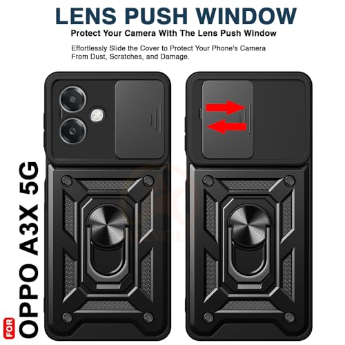Image of Armor Bumper Back Cover Case for Oppo A3X 5G Rotating Camera Cover, Ring Holder & Kickstand | Heavy Duty & 360 Degree Protection Oppo A3X 5G Back Cover (Black).