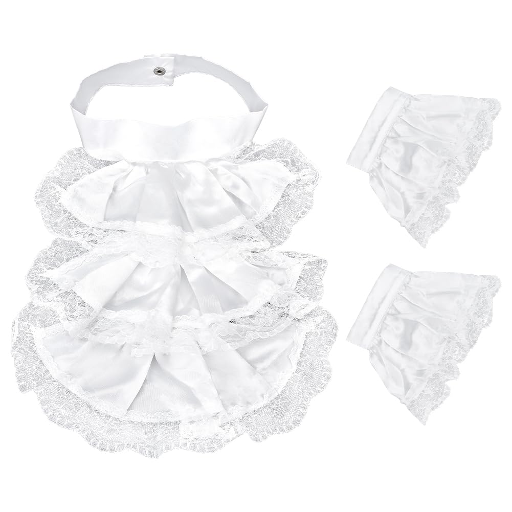 CRAFTYMELODY Victorian Lace Jabot Cuffs Set White Colonial Lace Jabot Cuffs Collars Victorian Steampunk Chiffon Neck Ruff Collar Floral Ruffled Costume Accessories for Halloween Cosplay Party