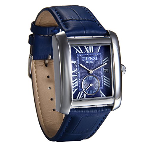 Avaner Orologio da Polso da Uomo Cinturino in Cuoio Quadrante Quadrato Numeri Romani Colore Argento/Blu Orologio Business al Quarzo