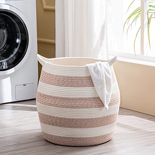 Kakamay Woven Baskets For Storage(17"X17"),Large Cotton Rope Basket Woven Baby Laundry Hamper,Collapsible Laundry Basket, Blanket Basket For Organizing Living Room,Nursery,Pillows,Toy Chest(Rose) #TOP2