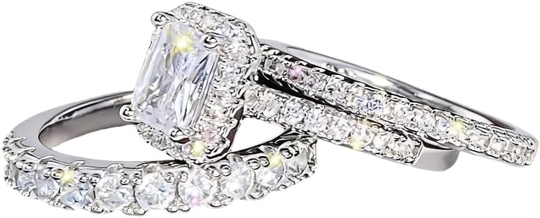925 Sterling Silver Shiny Full Diamond Zircon Rings Three Sets of Rings Cushion Cut 4ct Zircon Diamonds Stone Engagement Wedding Band Ring Size 7