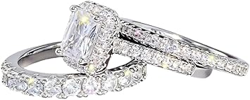 925 Sterling Silver Shiny Full Diamond Zircon Rings Three Sets of Rings Cushion Cut 4ct Zircon Diamonds Stone Engagement Wedding Band Ring Size 9