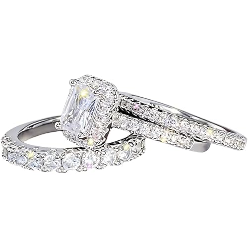 925 Sterling Silver Shiny Full Diamond Zircon Rings Three Sets of Rings Cushion Cut 4ct Zircon Diamonds Stone Engagement Wedding Band Ring Size 7