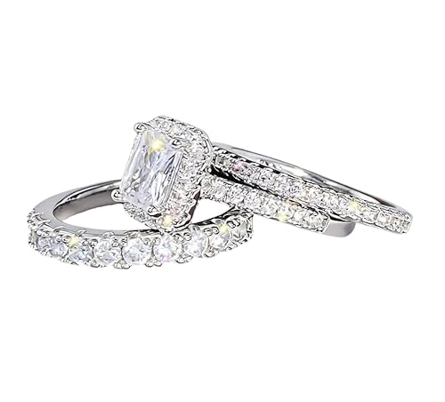 925 Sterl925 Sterling Silver Shiny Full Diamond Zircon Rings Three Sets of Rings Cushion Cut 4ct Zircon Diamonds Stone Engagement Wedding Band Ring Size 6
