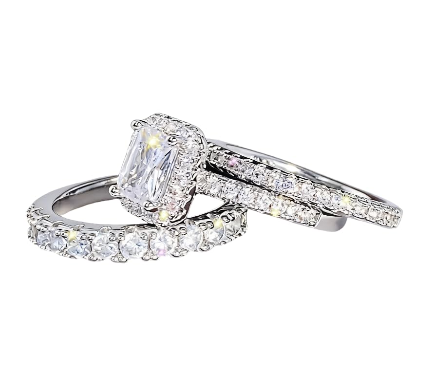 925 Sterl925 Sterling Silver Shiny Full Diamond Zircon Rings Three Sets of Rings Cushion Cut 4ct Zircon Diamonds Stone Engagement Wedding Band Ring Size 6
