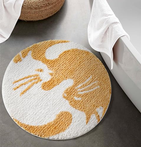 Estmy Yin Yang Cat Bath Mat for Bathroom Non Slip Cute Vintage Khaki 2ft Round Bathroom Rugs Washable, Abstract Minimalist Funny Cool Circle Microfiber Bathroom Mat Shaggy Absorbent Shower Floor Rug