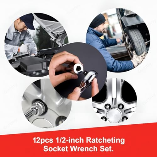 Image of 12 in 1 Tool KIT Socket Set 1 /2 Chrome Steel Vanadium Combination Socket Wrench Set with Ratchet Spanner Car Mechanic Tool Kits Household Auto Repair Tool Set