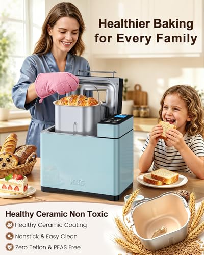 Image of KBS Blue Bread Maker, 2.2LB Smart Bread Machine with Healthy Ceramic Pan, Touchscreen, Auto Nut Dispenser, 17 Automatic Programs, Gluten Free, Sourdough, Dough, Yogurt&Jam, 15H Timer, Stainless Steel