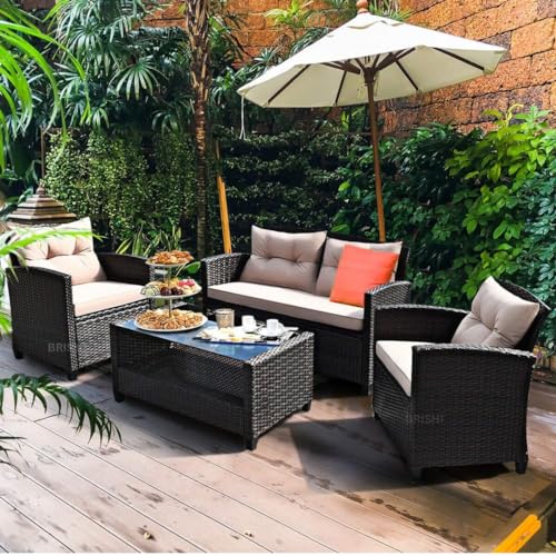 Image of Amazon Brand - Solimo Solara Outdoor 4 Seater Sofa Set | Balcony Sofa | Patio Furniture Sets | Conversation Sets | Wicker | Garden | Balcony | (Brown)