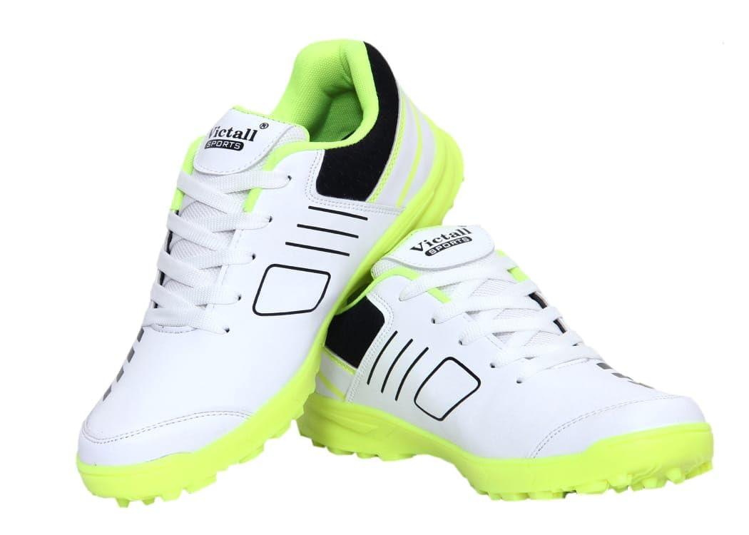Victall Men's White and Neon Green Cricket Shoes, Lace-up Style-image-7
