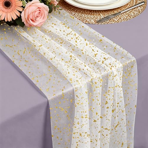 Foatcox Chemin de Table Or, 75 x 300 CM Léger et Fluide Tulle Feuille d’Or Chemin de Table, pour Mariages Bohèmes, Anniversaires, Noël, Le Nouvel an et la...