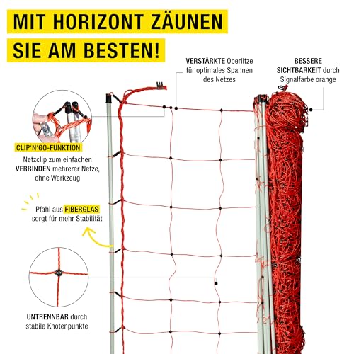 horizont Schafzaun 50 m, strongline 105 cm hoch - 14 Fiberglaspfähle mit Doppelspitze - Elektrozaun - orange - elektrischer Weidezaun für Schafe und Ziegen, Zaun zum Stecken, mobiler Zaun, Schafnetz