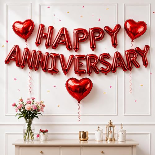 Image of Glaze Happy Anniversary Foil Balloon Decoration | Red Letter Balloons for Anniversary Party Decorations, Wedding Anniversary Celebration Supplies.