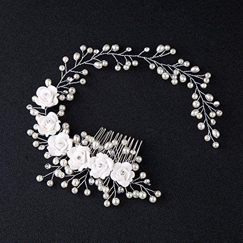 Kercisbeauty Wedding Bridal Pearl White Rose Flower Silver Headband Hair Comb Headpiece for Prom Rustic Wedding Vintage Hair Accessory Girl Prom Women's Garden Evening Party image 4