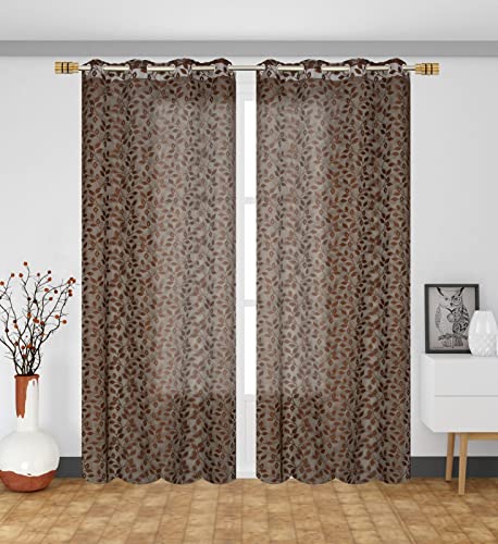 Image of Aroma Brand Tissue Transparent Fancy Sheer Polyester Curtains for Door- Pack of 1 (Window- 5 Feet, Coffee - Leafs)