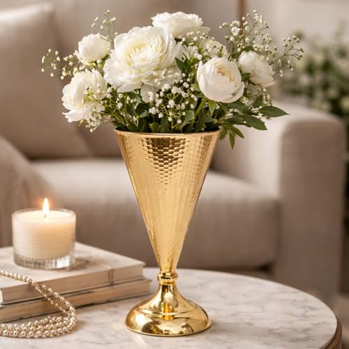 Image of French Gold Hammered Metal Cone Flower Vase, 26cm, Pedestal Base, for Event Decor, Home & Office Centerpiece Gift - Flowers are not Included