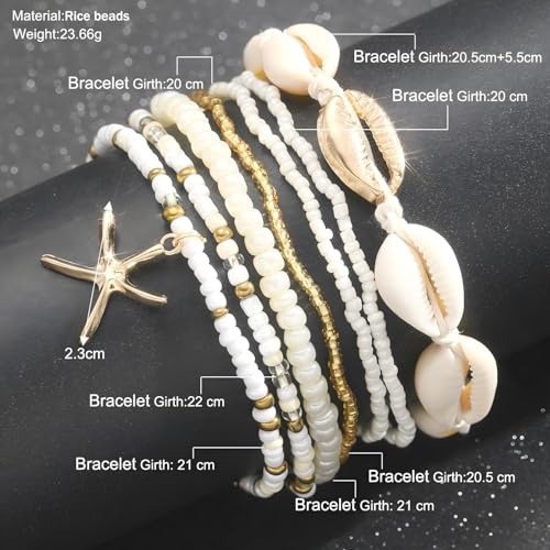 Image of Shell Bracelet,Gold Plated Starfish Ankle Bracelets for Women Waterproof Stack Beaded Anklet Boho Hawaiian Vacation Beach Jewelry Gifts