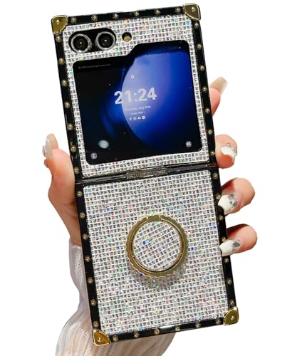 for Samsung Galaxy Z Flip 5 Bling Case,Luxury Bling Glitter Sparkle Cute Gold Square Corner Soft Trunk Cover with Finger Ring Grip Kickstand Phone Skin,White