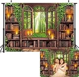 Retro Library Wooden Bookshelf Backdrop Vintage Window Green Forest Photography Background Medieval Art Book Candle Party Decoration Banner Supplies (82x59inch(7x5FT))