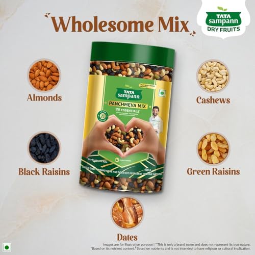 Image of Tata Sampann Panchmeva Mix, Vrat Essentials, Blend of Almonds, Cashews, Green Raisins, Black Raisins, and Dates, Source of Protein, Fit For Fasting, 400g (Pack of 3)
