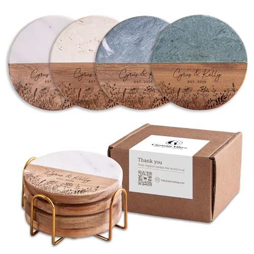 Custom Vibes Luxury Marble and Wood Coasters, Set of 4
