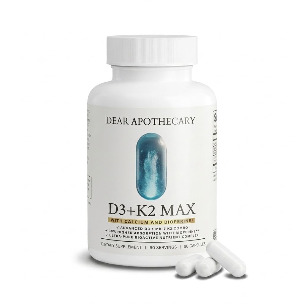 D3+K2 Max Vitamin D3 125mcg + K2 MK-7 100mcg with Calcium 210mg & BioPerine - Bone, Heart & Immune Support - Non-GMO, Gluten Free - 60 Capsules. K2 D3, D3 K2 by Dear Apothecary