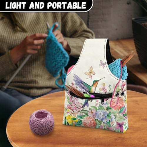 Image of KUIFORTI Hummingbird Knitting Yarn Bag, Flower Crochet Bags for Women Tote Bag for Knitting Needles, Yarns and Unfinshed Project, Crochet Hook Organizer, Small Size