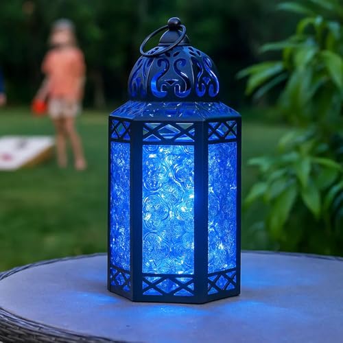 Vela Lanterns 6pk LED Fairy String Lights Candle Holder Decorative Moroccan Lantern, Blue Glass, Large