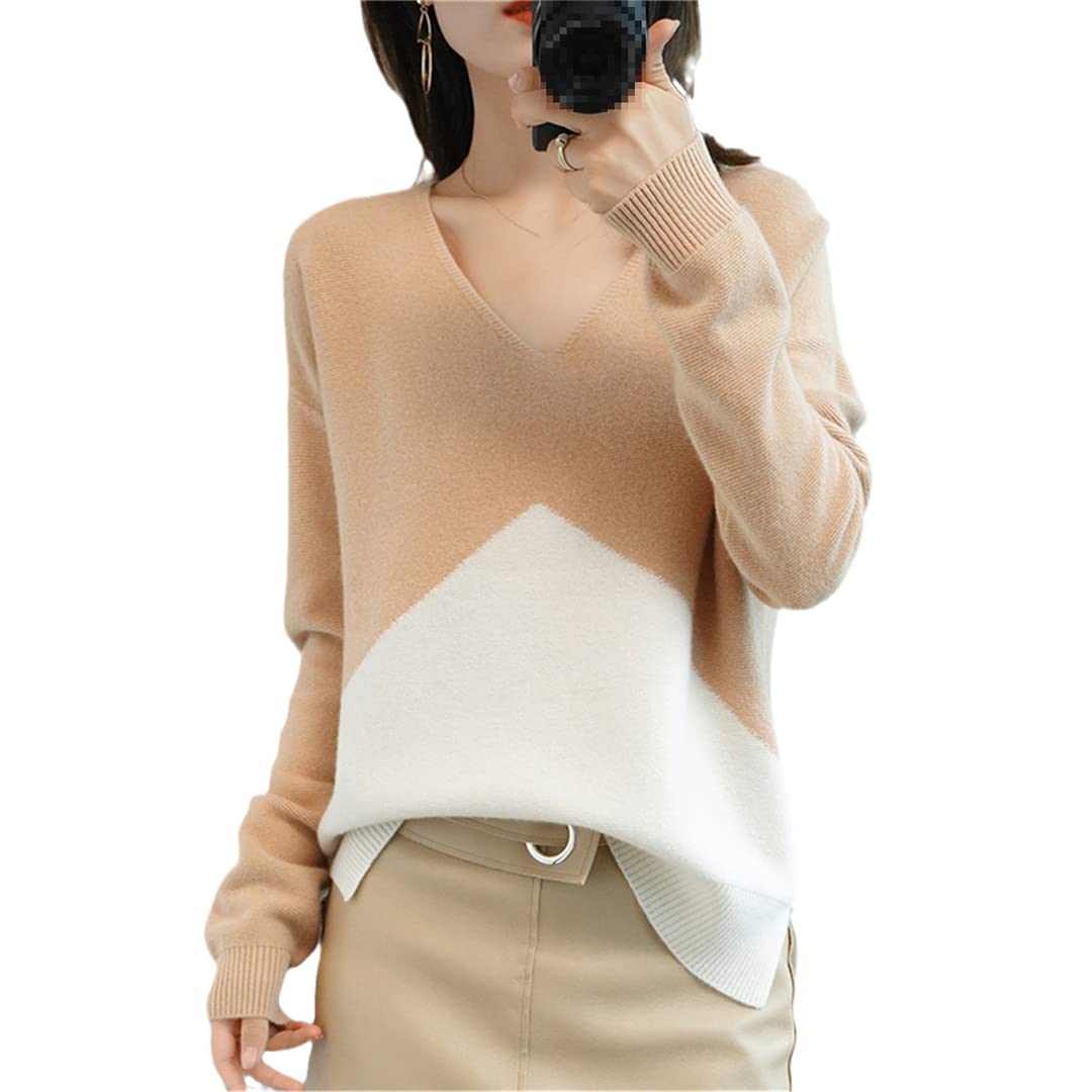 Spring and Autumn Womens V-Neck Sweater Large Size Wool Thermal Pullover Long Sleeve Cashmere Loose Pullover Ladies Top
