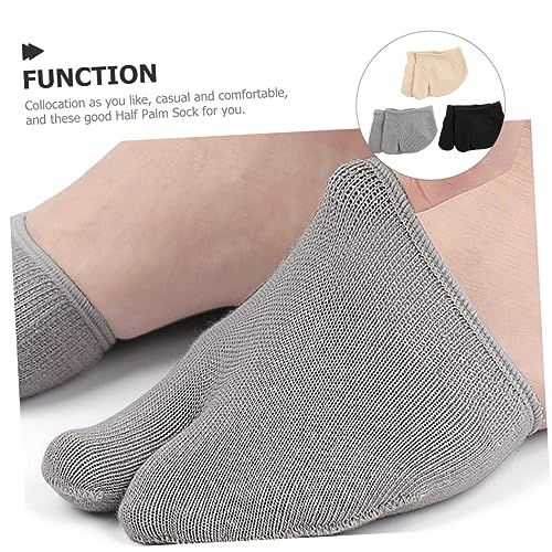 3 Pairs Comfortable Invisible Half Socks for Women of Heelless Forefoot Socks in Light Khaki Gray and Black Sweat Absorbing Tabi Design for Casual Summer Wear4